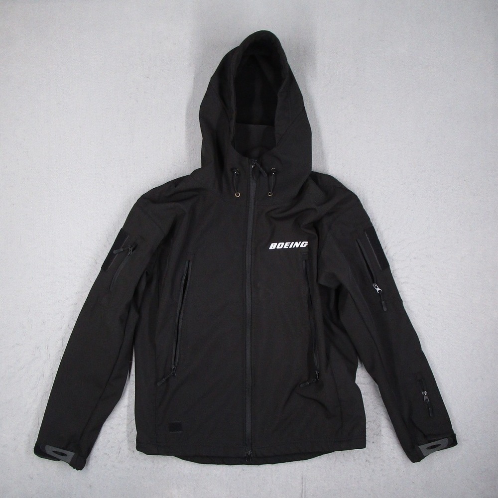 Boeing 737 Mens Black Softshell Tactical Hooded Jacket Fleece Lined Medium